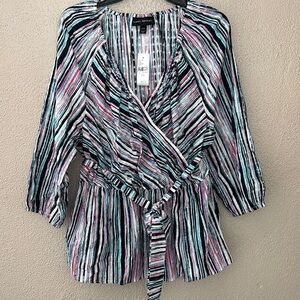Lane Bryant Top 14/16 1X Surplice V-Neck Elastic Waist Belted Pink Blue Striped